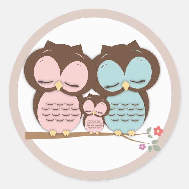 Sweet Little Owl Family on a Branch Classic Round Sticker (Front)