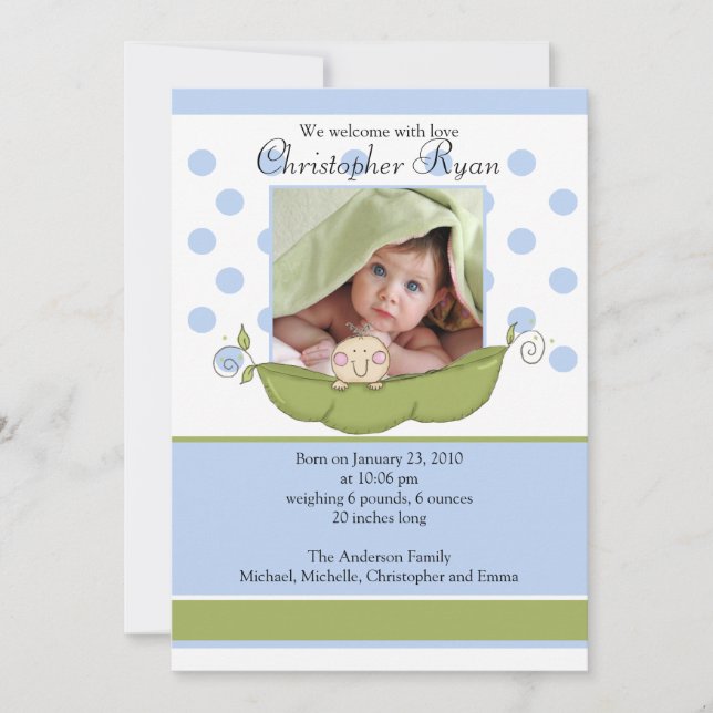 Sweet Little Pea Baby Boy Photo Announcement Card (Front)