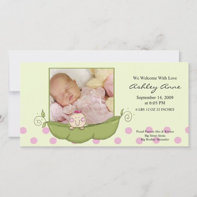 Sweet Little Pea Baby Girl Birth Annoucement Announcement (Front)