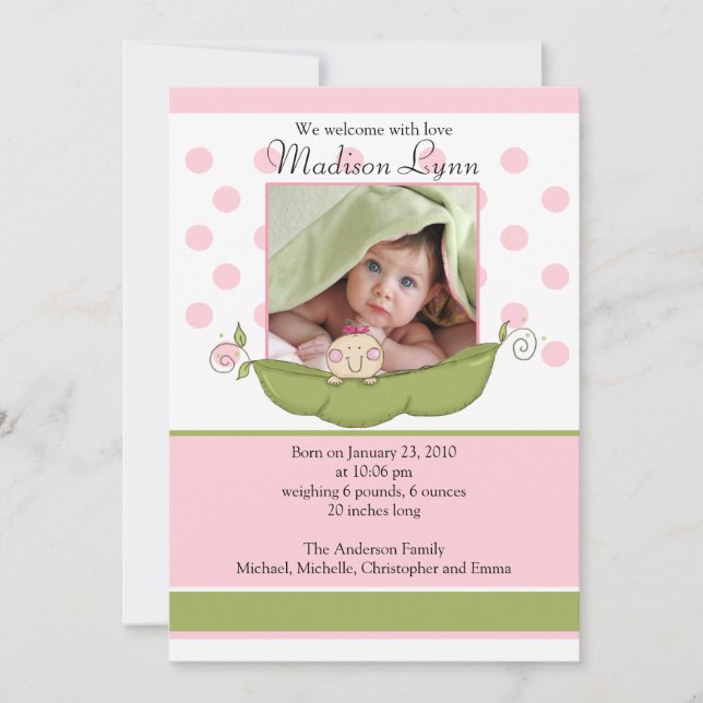 Sweet Little Pea Baby Girl Photo Announcement Card (Front)