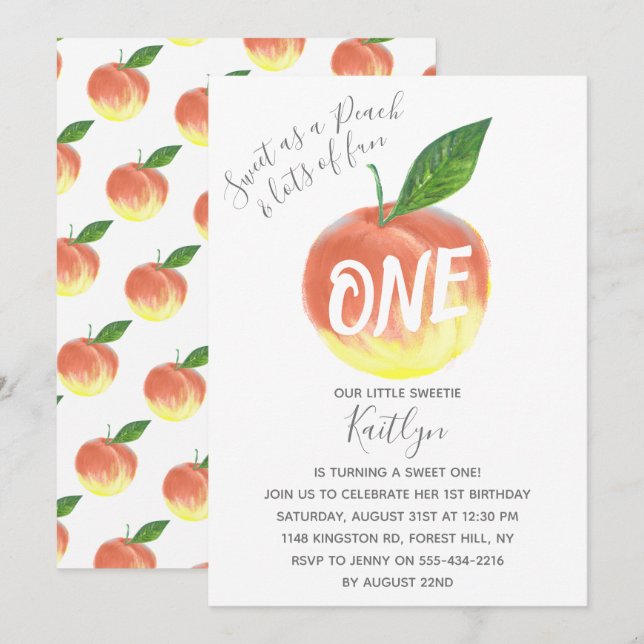 Sweet Little Peach 1st Birthday Invitation (Front/Back)