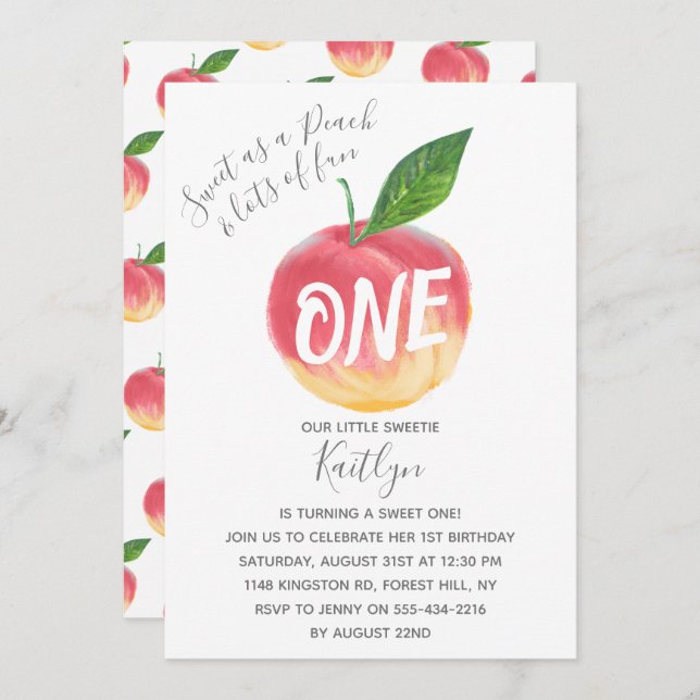 Sweet Little Peach 1st Birthday Invitation (Front/Back)