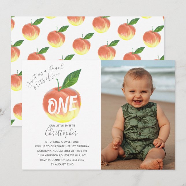 Sweet Little Peach 1st Birthday Photo Invitation (Front/Back)