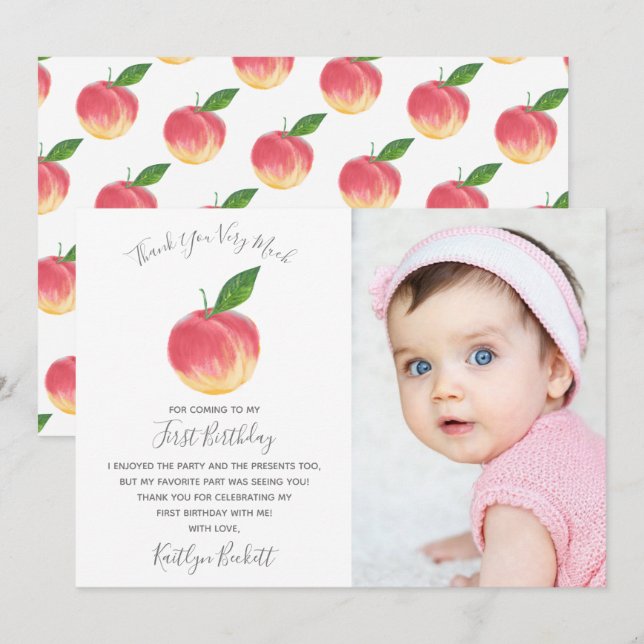Sweet Little Peach 1st Birthday Photo Thank You Card (Front/Back)