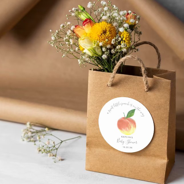 Sweet Little Peach Baby Shower Classic Round Sticker (Creator Uploaded)