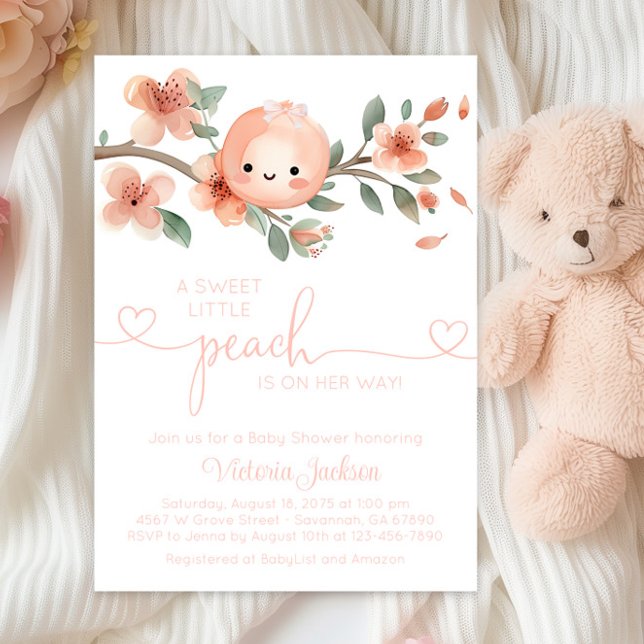Sweet Little Peach Baby Shower Invitation (Cute little peach baby shower invitation with adorable baby girl peach and peach branch.)