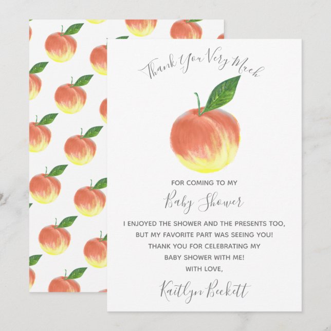 Sweet Little Peach Baby Shower Thank You Card (Front/Back)