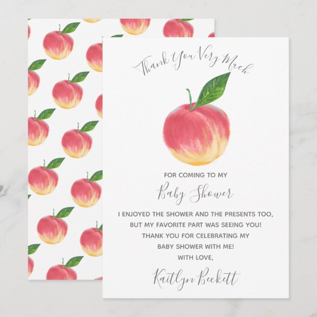 Sweet Little Peach Baby Shower Thank You Card (Front/Back)