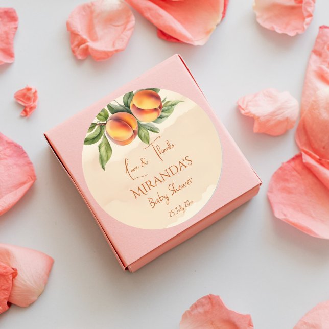 Sweet little peach baby shower thank you favour classic round sticker (Sweet little peach baby shower thank you favor stickers spring summer baby shower little cutie favor)
