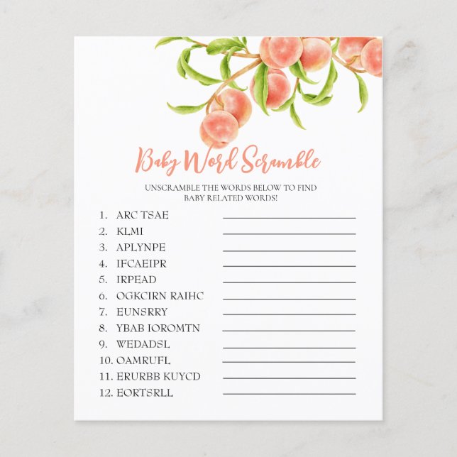 Sweet Little Peach Baby Shower  Word Scramble Game (Front)