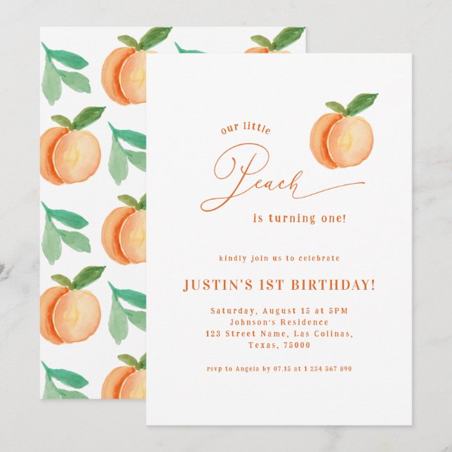 Sweet Little Peach Gender Neutral 1st Birthday Invitation (Front/Back)
