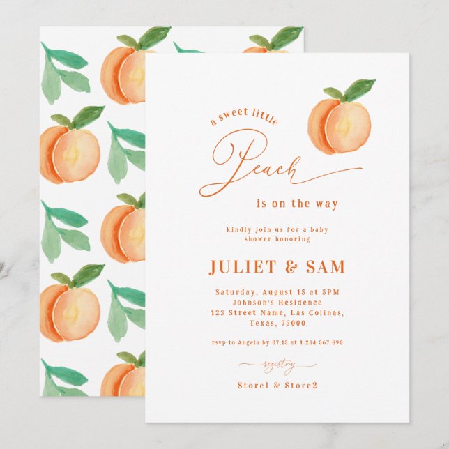 Sweet Little Peach Gender Neutral Baby Shower Invitation (Front/Back)