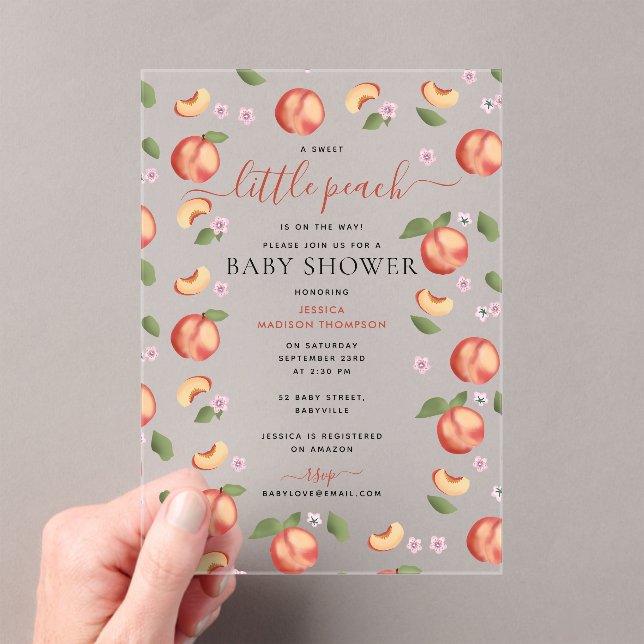 Sweet Little Peach On The Way Baby Shower Acrylic Invitations (Insitu (Handheld))