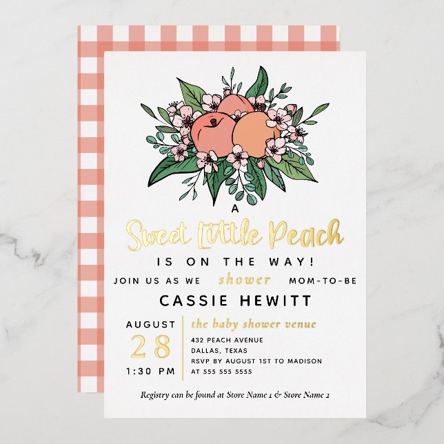 Sweet Little Peach On the Way Baby Shower Foil Inv (Front/Back)