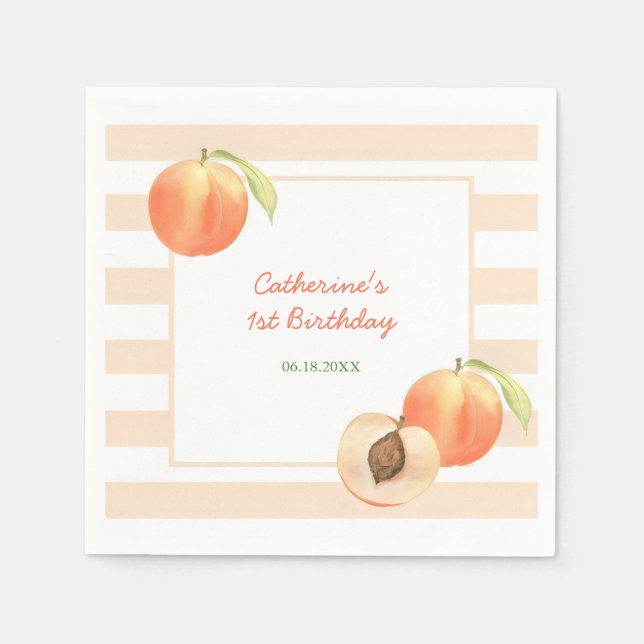 Sweet Little Peach Stripes Girl Birthday Napkin (Front)