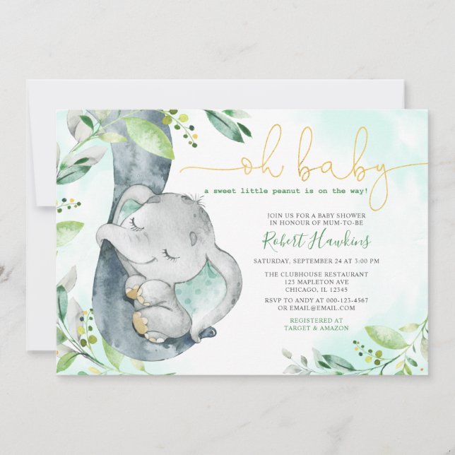 Sweet Little Peanut Boy Elephant Baby Shower Invit Invitation (Front)