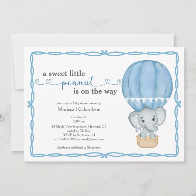 Sweet Little Peanut Elephant Baby Boy Shower Invitation (Front)