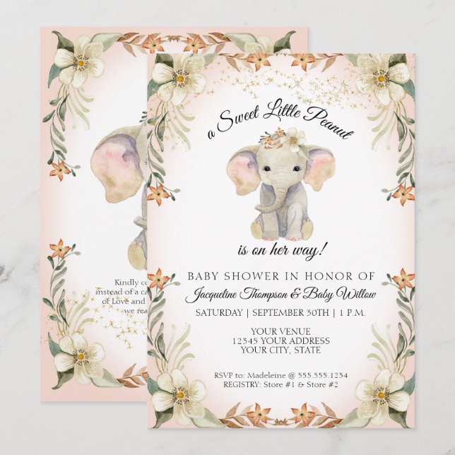 Sweet Little Peanut Elephant Floral Baby Shower Invitation (Front/Back)