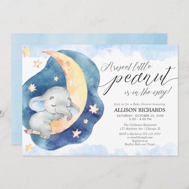 Sweet little peanut elephant moon boy baby shower invitation (Front/Back)