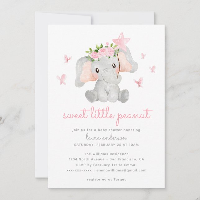 Sweet Little Peanut Pink Elephant Baby Showe Invitation (Front)