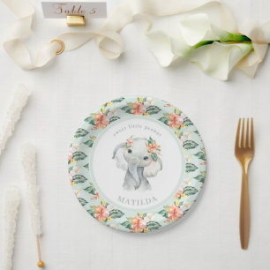 Sweet little peanut sage green elephant floral paper plate