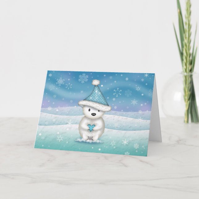 Sweet Little Polar Bear Holding Heart Holiday Card (Front)