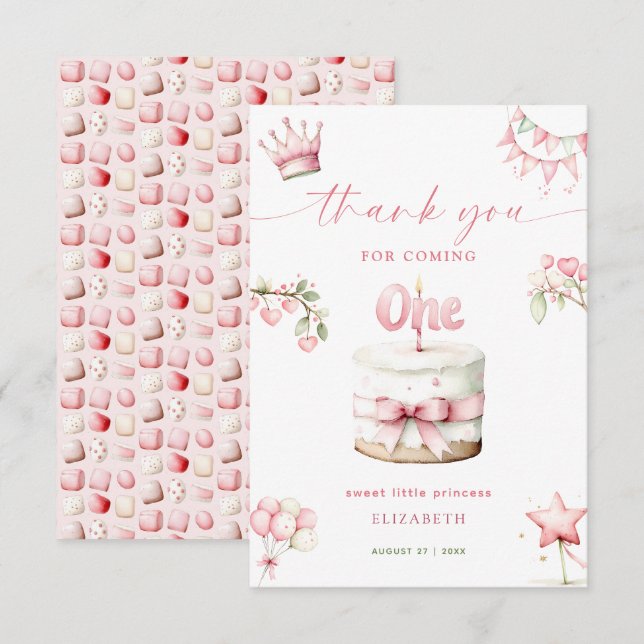 Sweet Little Princess Pink Cake 1st Birthday Thank You Card (Front/Back)