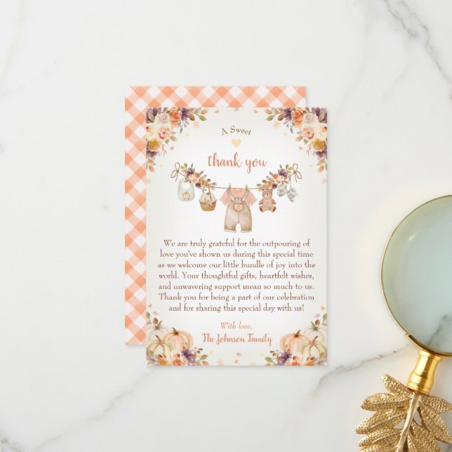 Sweet Little Pumpkin Autumn Baby Shower Thank You Card (Front/Back In Situ)
