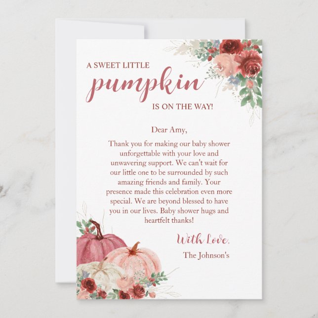 Sweet Little Pumpkin Autumn Baby Shower Thank You Card (Front)