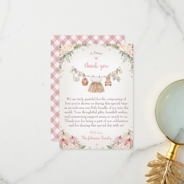 Sweet Little Pumpkin Autumn Baby Shower Thank You Card (Front/Back In Situ)