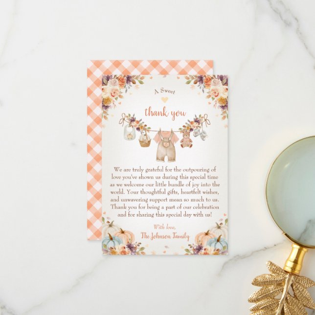 Sweet Little Pumpkin Autumn Baby Shower Thank You Card (Front/Back In Situ)