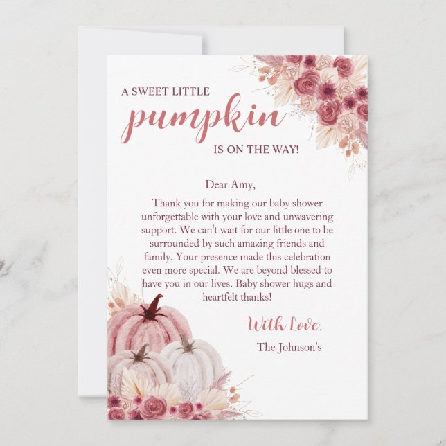 Sweet Little Pumpkin Autumn Baby Shower Thank You Card (Front)