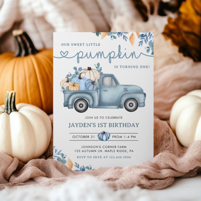 Sweet Little Pumpkin Blue Autumn Birthday Invitation (Creator Uploaded)