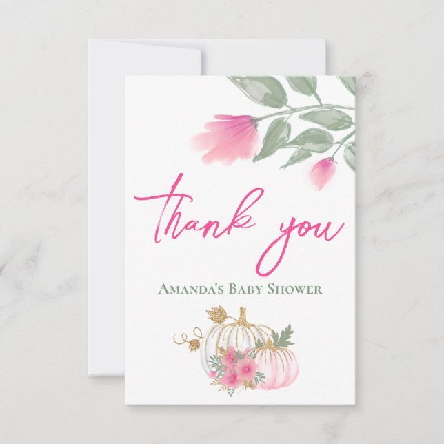 Sweet Little Pumpkin Blush Pink Gold White Floral Thank You Card (Front)