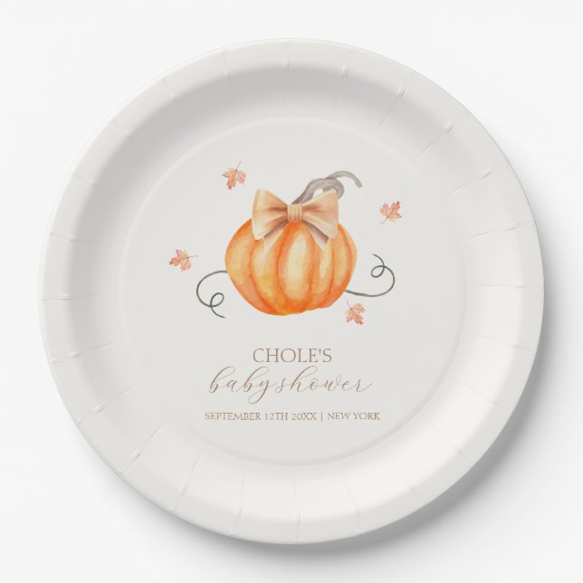 Sweet Little Pumpkin Bow Fall Baby Shower  Paper Plate (Front)
