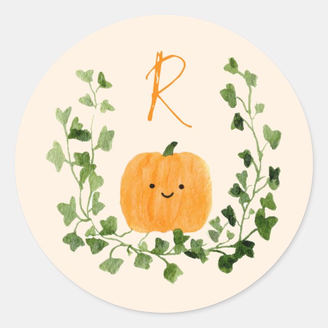 Sweet Little Pumpkin Cute Monogram Baby Shower Classic Round Sticker (Front)