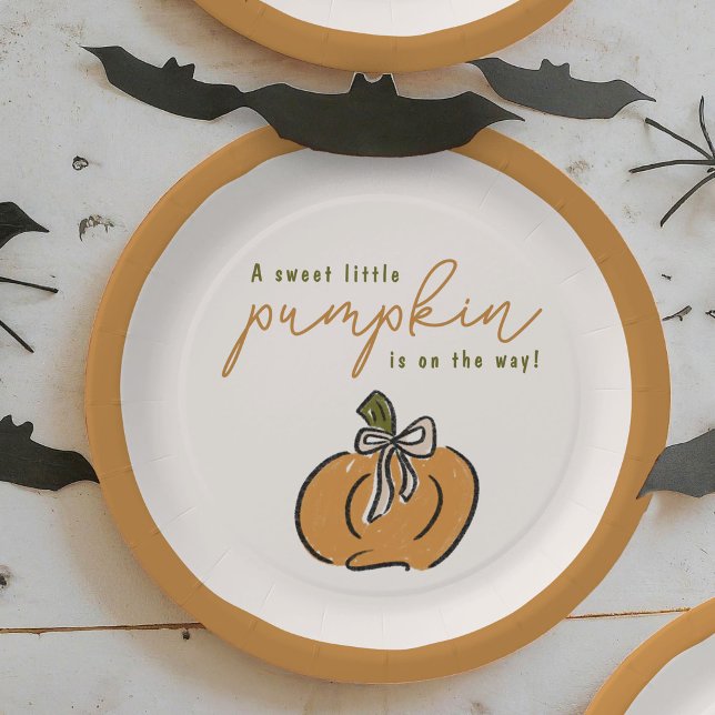 Sweet Little Pumpkin On The Way Cute Baby Shower Paper Plate (A sweet little pumpkin is on the way! Cute Halloween baby shower party paper plates.)