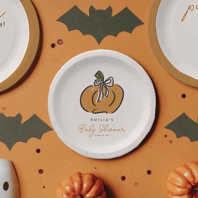 Sweet Little Pumpkin On The Way Cute Baby Shower  Paper Plate (A sweet little pumpkin is on the way! Cute Halloween baby shower personalized party paper plates.)