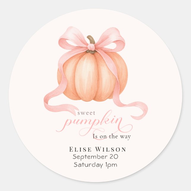 Sweet Little pumpkin pink bow is on the way Classic Round Sticker (Front)