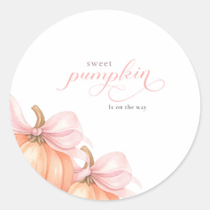 Sweet Little pumpkin pink bow is on the way Classic Round Sticker