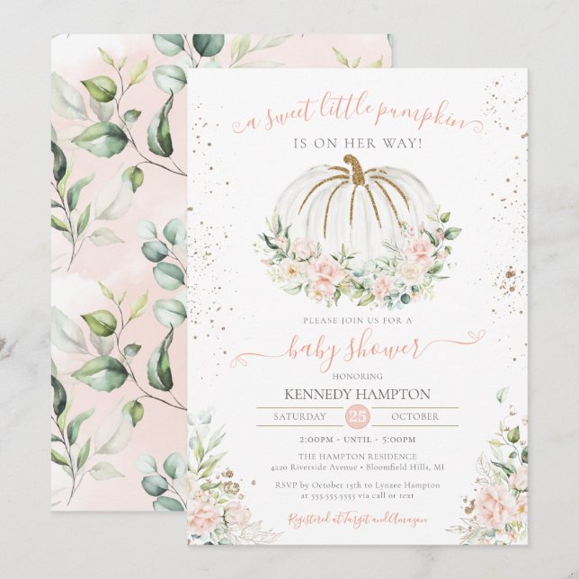 Sweet Little Pumpkin, Pink Fall Autumn Baby Shower Invitation (Front/Back)