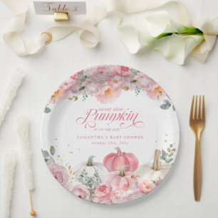 Sweet Little Pumpkin Pink Floral Fall Baby Shower Paper Plate