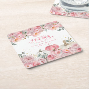 Sweet Little Pumpkin Pink Floral Fall Baby Shower  Square Paper Coaster