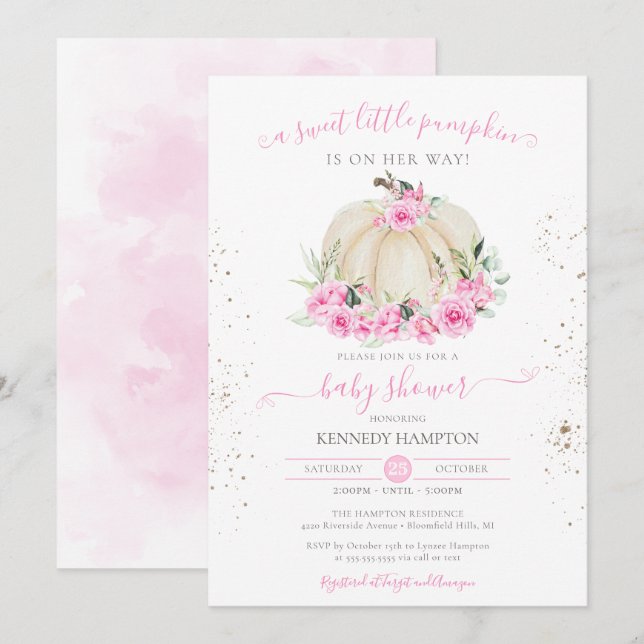 Sweet Little Pumpkin Pink Rose Girl Baby Shower Invitation (Front/Back)