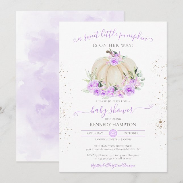 Sweet Little Pumpkin Purple Rose Girl Baby Shower Invitation (Front/Back)