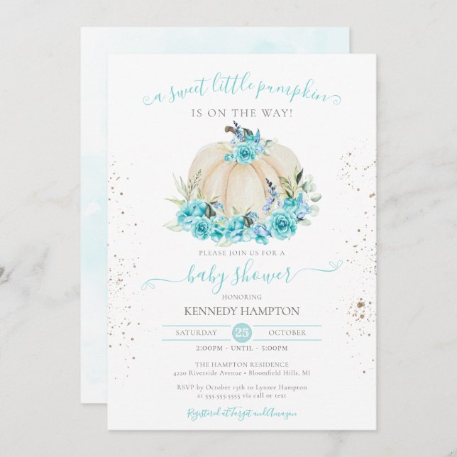 Sweet Little Pumpkin Turquoise Blue Baby Shower Invitation (Front/Back)
