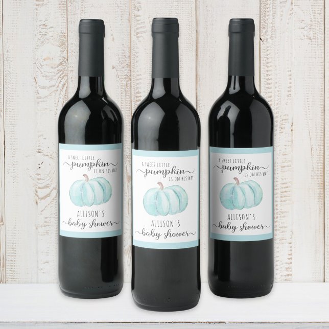 Sweet Little Pumpkin Watercolor Baby Boy Shower Wine Label (Creator Uploaded)
