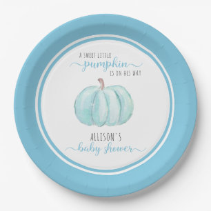 Sweet Little Pumpkin Watercolor Blue Baby Shower Paper Plate