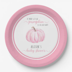 Sweet Little Pumpkin Watercolor Pink Baby Shower Paper Plate