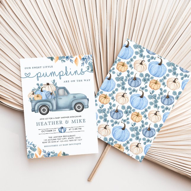 Sweet Little Pumpkins Blue Twins Baby Shower Invitation (Creator Uploaded)
